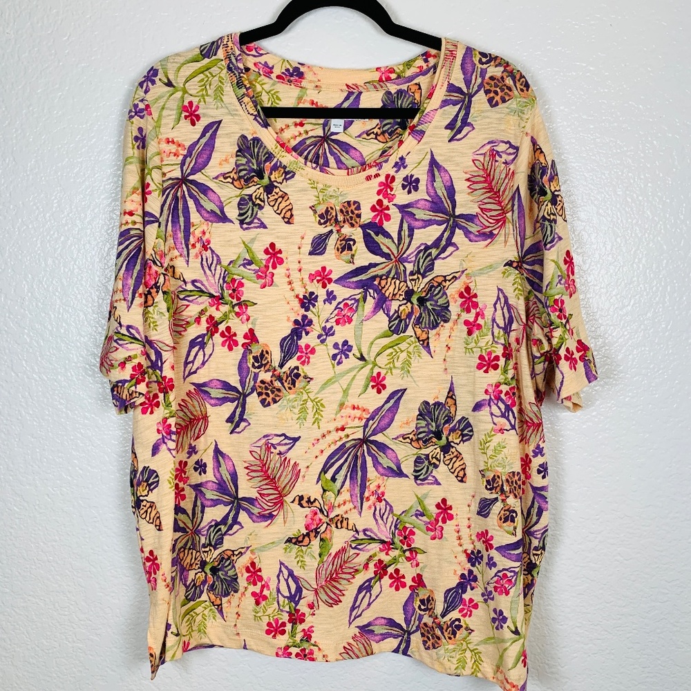 Chico's Tropical Floral Elbow Sleeve Tee Shirt Womens 4/U.S. XXL CottageCore